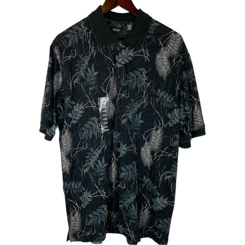 Izod Golf Black Leaf Print Short Sleeve Golf Polo